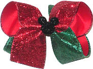Large Minnie Silhouette with Red and Green Glitter Ribbon over Red Double Layer Overlay Bow